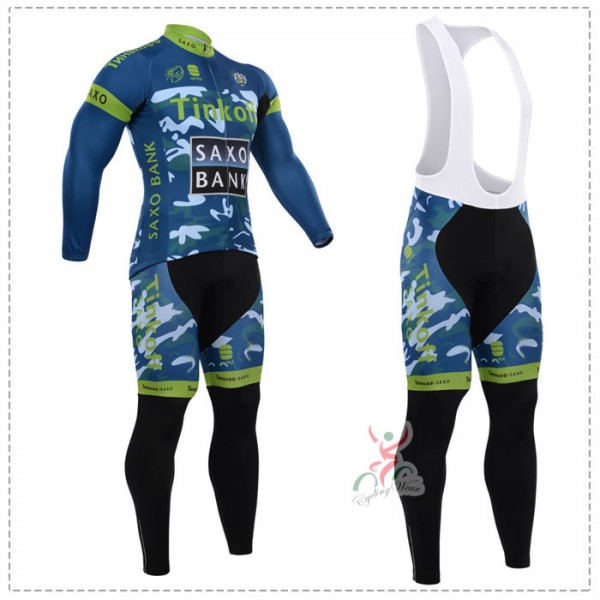 2015 Tinkoff Saxo Bank Camouflage Blau Fahrradbekleidung Radtrikot Satz Langarm und Lange Trägerhose Grün Radtrikot De