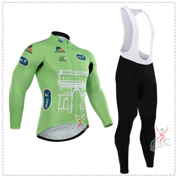 2015 Tour de France vert Fahrradbekleidung Radtrikot Satz Langarm und Lange Trägerhose Radtrikot De