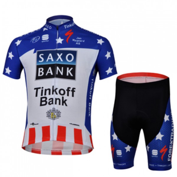 2013 Saxo Bank Tinkoff USA Champion Radtrikot Kurzarm und Kurz Radhose Kits Blau Weiß Rot Radtrikot De