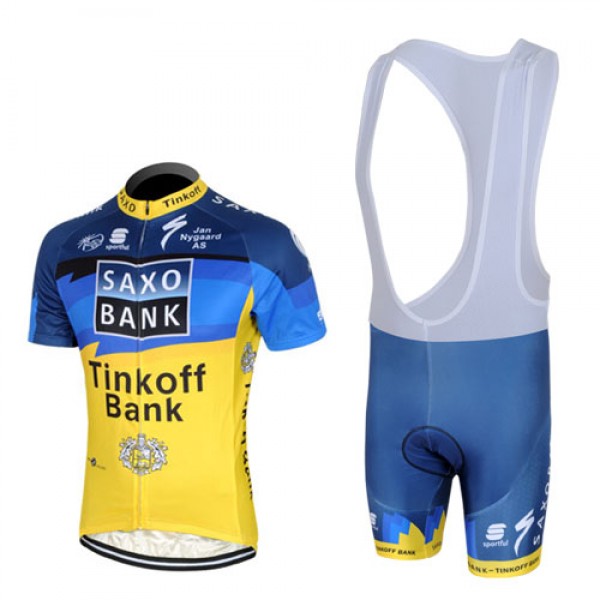 2013 Saxo Bank Tinkoff Pro Team Fahrradbekleidung Satz Fahrradtrikot Kurzarm Trikot und Kurz Trägerhose Blau Gelb Radtrikot De