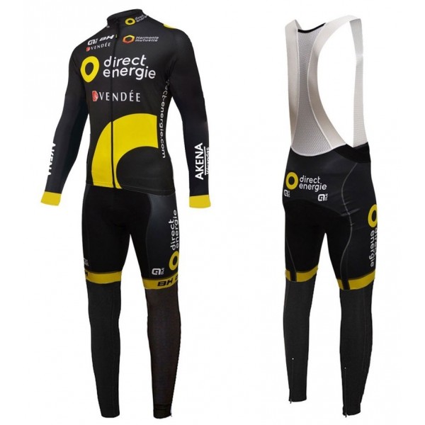 2016 Direct Energie Team Schwarz Fahrradbekleidung Satz Radtrikot Langarm+Lang Trägerhose Radtrikot De