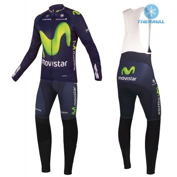 2016 Movistar Team thermisch Fahrradbekleidung Satz Radtrikot Langarm+Lang Trägerhose Radtrikot De