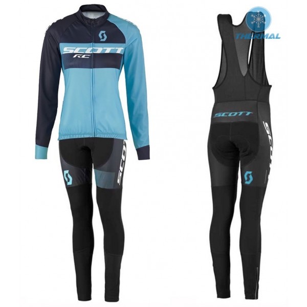 2016 Scott RC Schwarz-Blau Damen thermisch Fahrradbekleidung Satz Radtrikot Langarm+Lang Trägerhose Radtrikot De