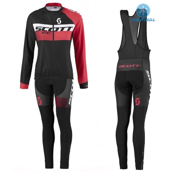 2016 Scott RC Schwarz-Rot Damen thermisch Fahrradbekleidung Satz Radtrikot Langarm+Lang Trägerhose Radtrikot De
