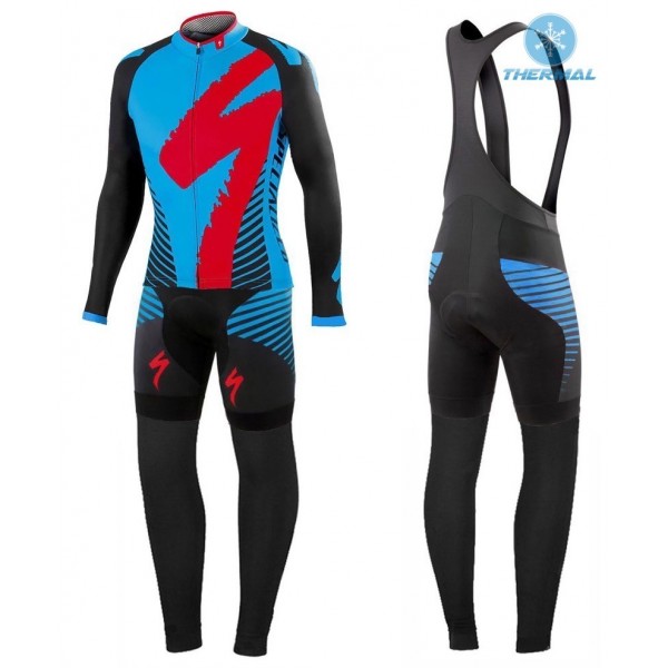2016 Specialized Team LS Schwarz-Blau thermisch Fahrradbekleidung Satz Radtrikot Langarm+Lang Trägerhose Radtrikot De
