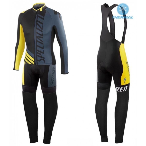 2016 Specialized Pro Team SZK Schwarz-Grau-Gelb thermisch Fahrradbekleidung Satz Radtrikot Langarm+Lang Trägerhose Radtrikot De